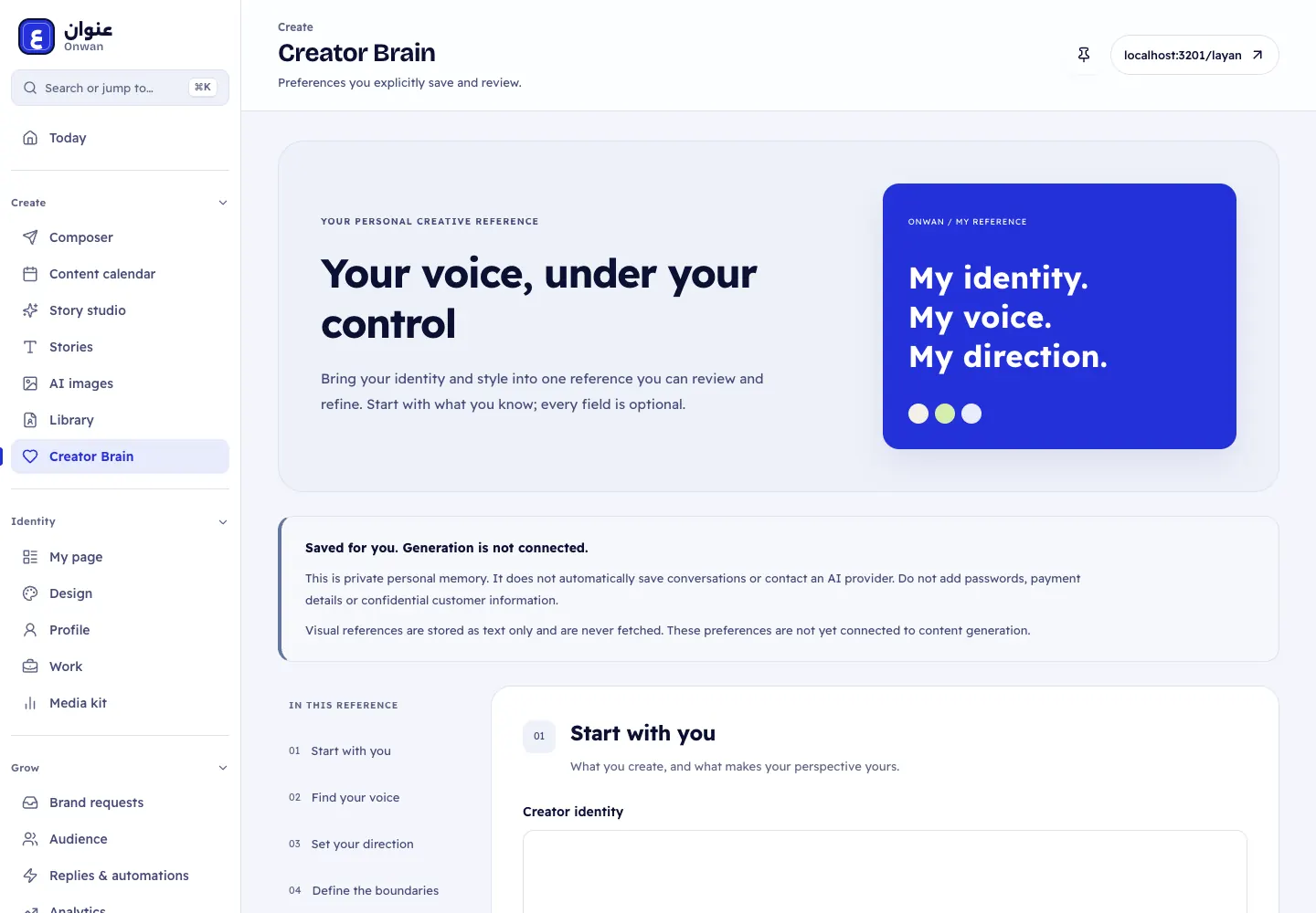 Voice preferences section in Creator Brain with fictional demo data