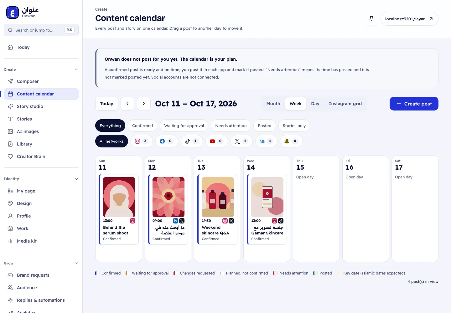 A planned week in the content calendar with fictional demo data